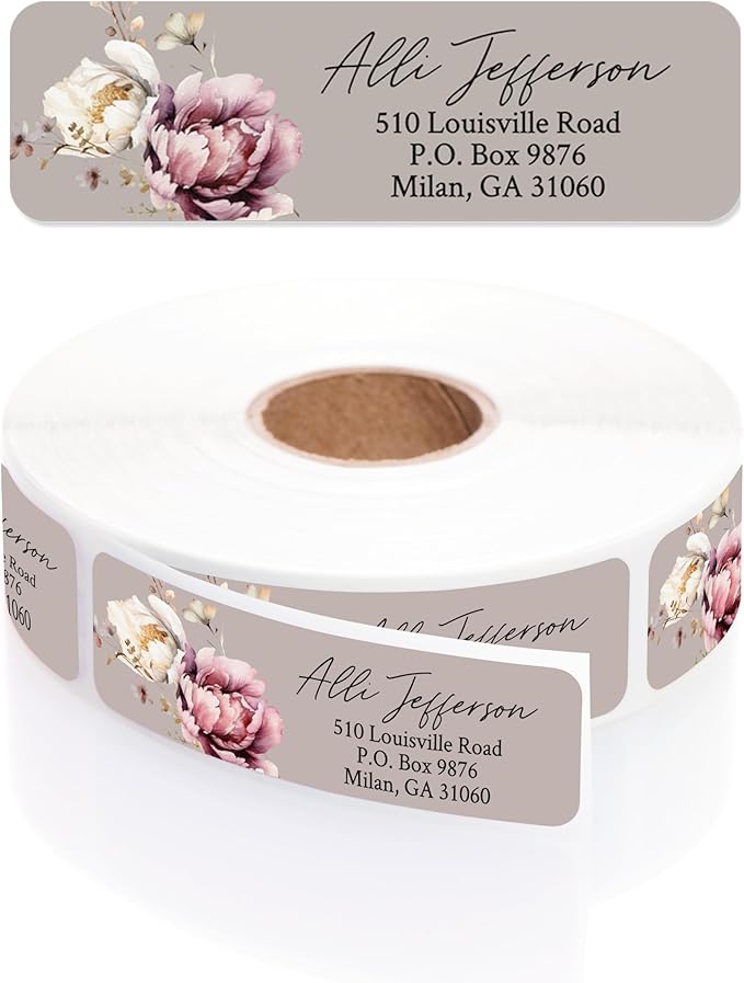 Taupe Watercolor Floral Rolled Address Labels / 500 Personalized Return Address Labels/Designer Address Stickers in Elegant Plastic Dispenser