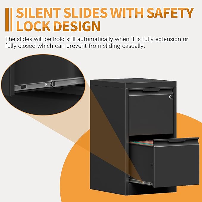 2-Drawer Metal File Cabinet with 1 Lockable Drawer,Steel Printer Stand with Storage for Home Office,Vertical Filing Cabinet for Legal/Letter/A4 Files,Assembly Required(15''W-2 Drawers,Black)