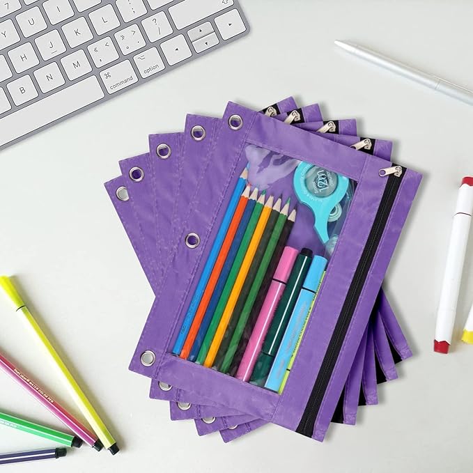 YoeeJob Pencil Pouch for 3 Ring Binder，Zipper Pencil Pouches Bulk，Pencil Case Pouch with Clear Window for Class, School, Office, Purple，24 Packs