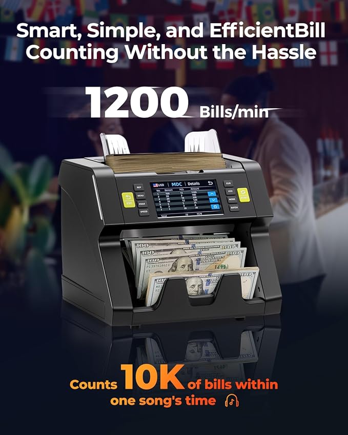MUNBYN IMC21 Money Counter Machine Mixed Denomination, CIS/UV/IR/MG/MT Counterfeit Detection, Touch Screen, USD, MXN, LBP, CAD Cash Counter for Business, Printer Compatible Bill Counter, 2Y Protect