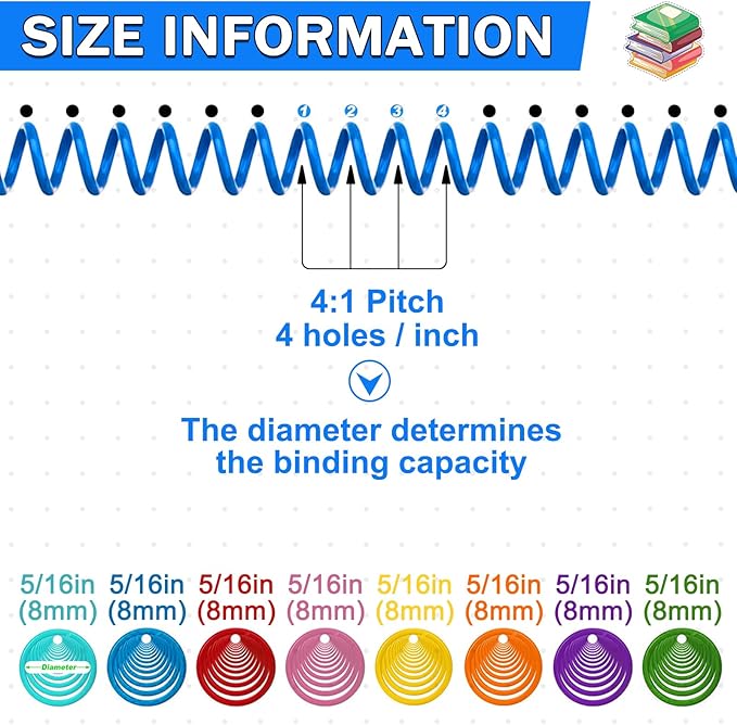 120 Pack Plastic Spiral Binding Coils Binder Binding Spirals Rings Multi Size Spiral Binding Wire Combs Spines Coils, 4:1 Pitch (5/16 Inch,Multicolor)