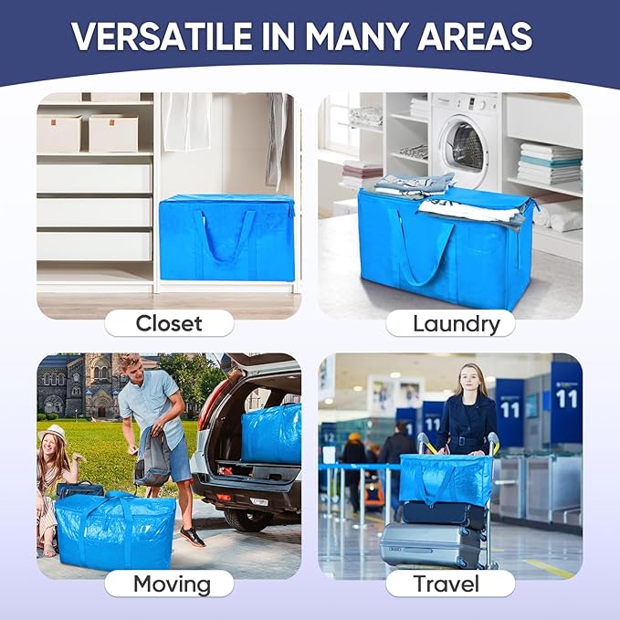 TICONN 8 Pack Extra Large Moving Bags with Zippers & Carrying Handles, Heavy-Duty Storage Tote Moving Boxes for Space Saving (8 Pack, Sky Blue)