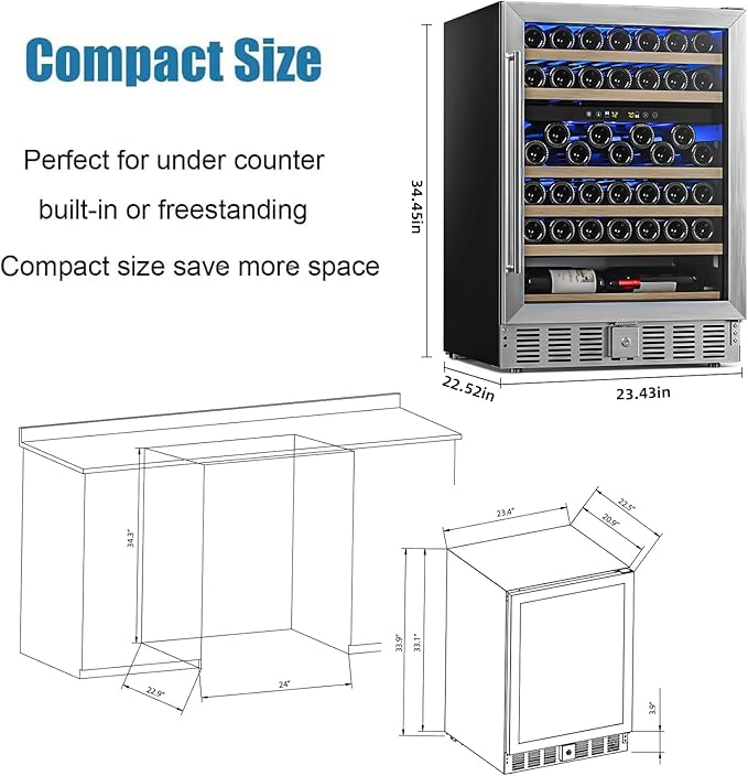 Antarctic Star 24 Inch Wine Fridge, 52 Bottle Wine Cooler Refrigerator. 39-64°F Dual Zone Wine Refrigerator Glass Door, Built in or Freestanding Under Counter Fridge for Home Bar Office