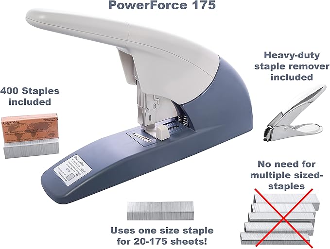 PowerForce 175 Heavy Duty Flat Clinch Office Stapler, 20 to 175 Sheets Using one Size 3/4" Leg-Length Staple, includes 400 Staples and a Staple Remover