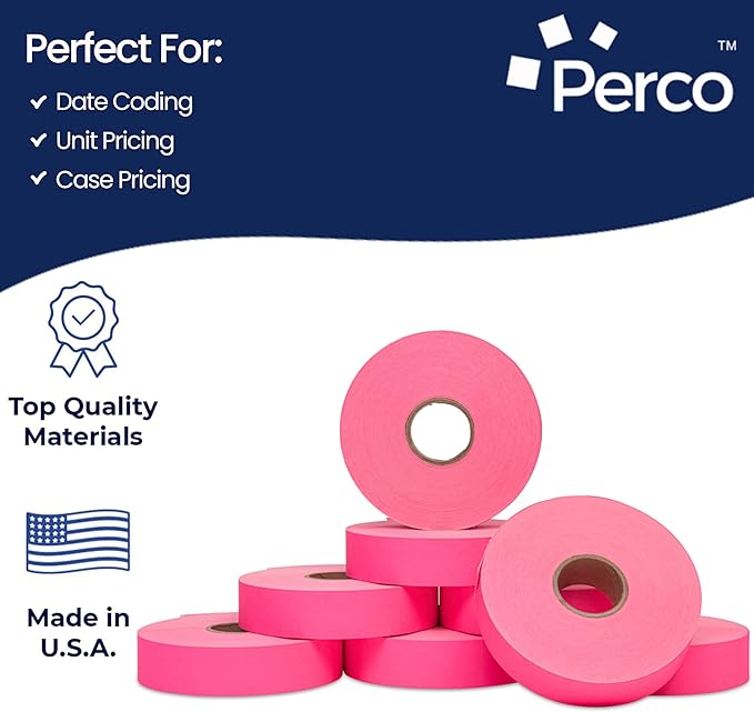 Perco Fuorescent Pink Pricing Labels for Monarch 1136 Price Gun – 3 Sleeves, 24 Rolls Value Pack - 42,000 Price Marking Labels – with Ink Rolls Included