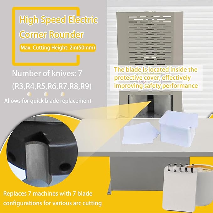 Electric Corner Rounder Machine 50mm Capacity Round Corner Cutter with Safety Guard & Foot Pedal 7PCS Blades R3-R9 Commercial Corner Rounding for Documents Certificates Books Packaging