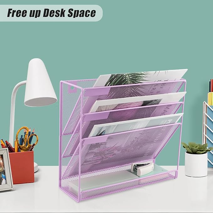 EASEPRES Desk File Organizer Mesh 4-Tier, Hanging Wall Mount Document Organization Stand, Desktop Vertical Mail Paper Folder Holder Rack with Bottom Tray for Office Home Cubicle, Light Purple