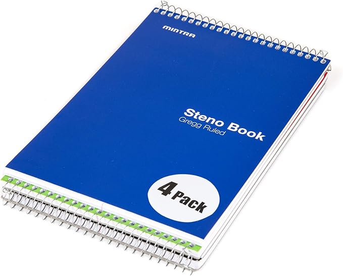 Mintra Office Steno Books - (Primary 4PK, Green Tint Paper, Gregg Ruled) - 6inx9in, 70 Sheets