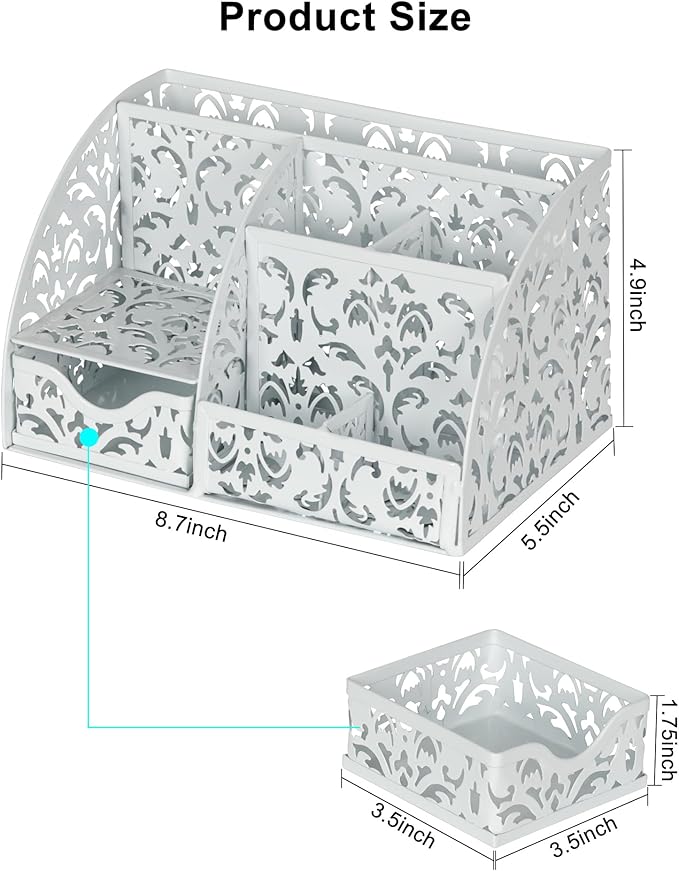 EasyPAG Pen Holder Desk Organizer with Drawer Pencil Cup for Desk 6 Compartments Metal Office Caddy Storage with Sticky Notes Holder for School Home Office, White