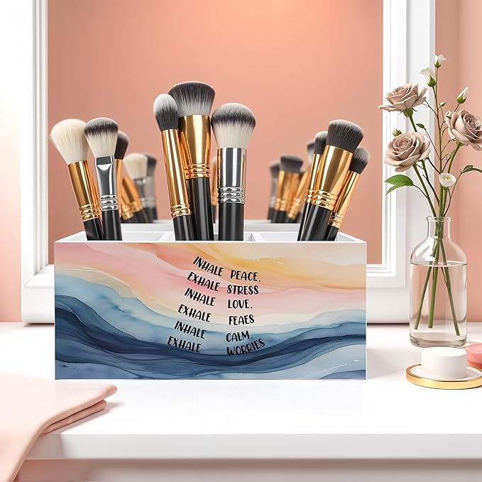 Abstract Mental Health Pencil Pen Holder for Desk, Inhale Peace Exhale Stress Wooden Pencil Holder Organizer for Therapy Office Desk Accessories, School Counselor Office Must Haves