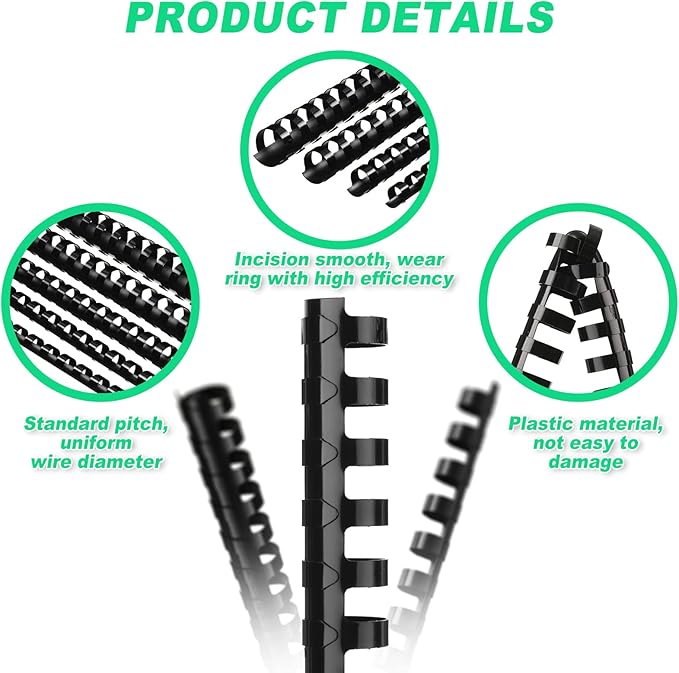 Yunsailing 150 Pack Plastic Binding Combs Plastic Binder Comb Ring 19 Ring Binding Spines Letter Size Spiral coils for Notebook Calendar(1/4 5/16 3/8 1/2 5/8 3/4 in,Black)