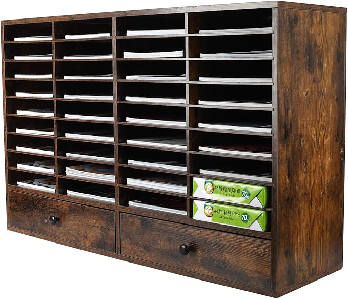 PAG Mail Sorter Organizer, Wood Literature Organizer, Student Mailbox for Classroom, Desktop Bill Paper Organizer for Office Home School, 38 Compartments, Antique Brown