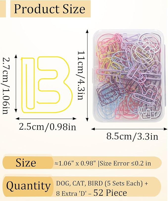 52 Pcs Stainless Steel Paper Clips - Alphabet Letter Clips for Office & School with Storage Box Assorted Color (Pet Series)