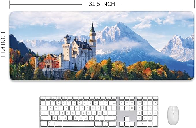 Germany Mouse Pad, Neuschwanstein Castle Extended Mousepad, Waterproof Desk Mat, Anti-Slip Rubber Base, Keyboard Mat with Seamed Edges, Mouse Pads for Office, Home, 31.5 X 11.8 Inch