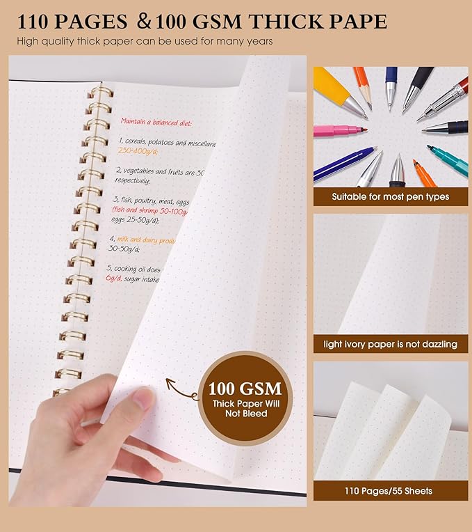 Dotted Notebook, Spiral Notebook Journal 8.5” x 11”, A4 Large Dot Grid Notebooks for Women Men, 100 GSM Dotted Paper, Plastic Hardcover Spiral Bullet Journals for Work School Sketching, Black