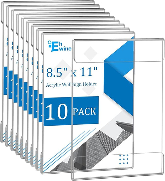 EHWINE 10 Pack 8.5x11 Wall Mount Acrylic Sign Holder, Wall Signs Photo Menu Flyer Display Holders, Plastic Clear Acrylic Frames for Office Home Hotel Business Store (with Adhesive Tape)