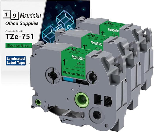 Tze Tz Tape 24mm 0.94 Laminated Green Compatible for Brother P Touch Label Maker Tape TZe-751 TZe751 Label Tape for PT D600 D610 P710BT P910BT, Black on Green, 0.94 Inch x 26.2 Feet, 3-Pack