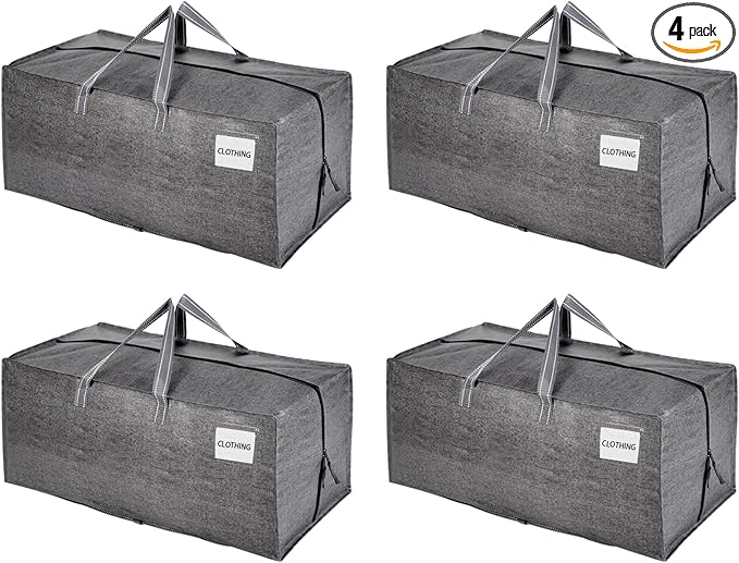 VENO 4 Pack Moving Bags w/Backpack Straps, Heavy Duty, Moving Boxes Alternative, Packing Supplies, Large Storage Totes for Dorm Room Essentials with Zipper for Clothes (Gray, 4 Pack)