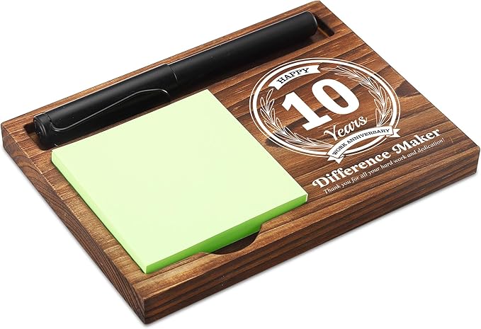 10th Work Anniversary Sticky Note Holder Wooden Notepad & Pen Holder 6.5" x 4.7" Sticky Note Pad Holder Dispenser for Desk Difference Maker Work Appreciation Gifts, NPA228