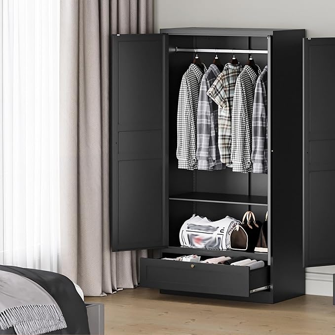 MIIIKO Wardrobe Closet with Drawer, 2 Doors Clothes Cabinet, 72" Metal Storage Cabinets with Hanging Rod and Shelf, Bedroom Armoires Laundry Room and Office Clothes Storage Organizer Cabinets
