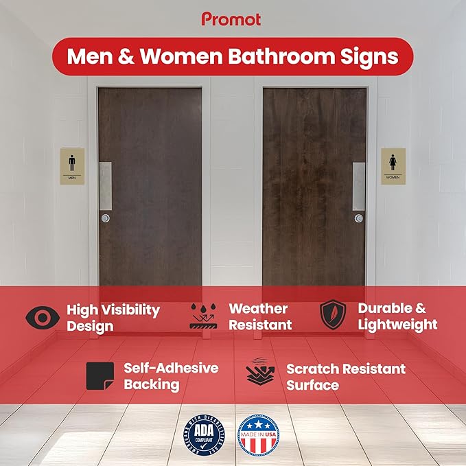 Promot Men and Women Restroom Sign – ADA Braille Bathroom Sign for Business, Self-Adhesive, 9" x 6", Commercial Door Signage, Office Wall Decor - Taupe