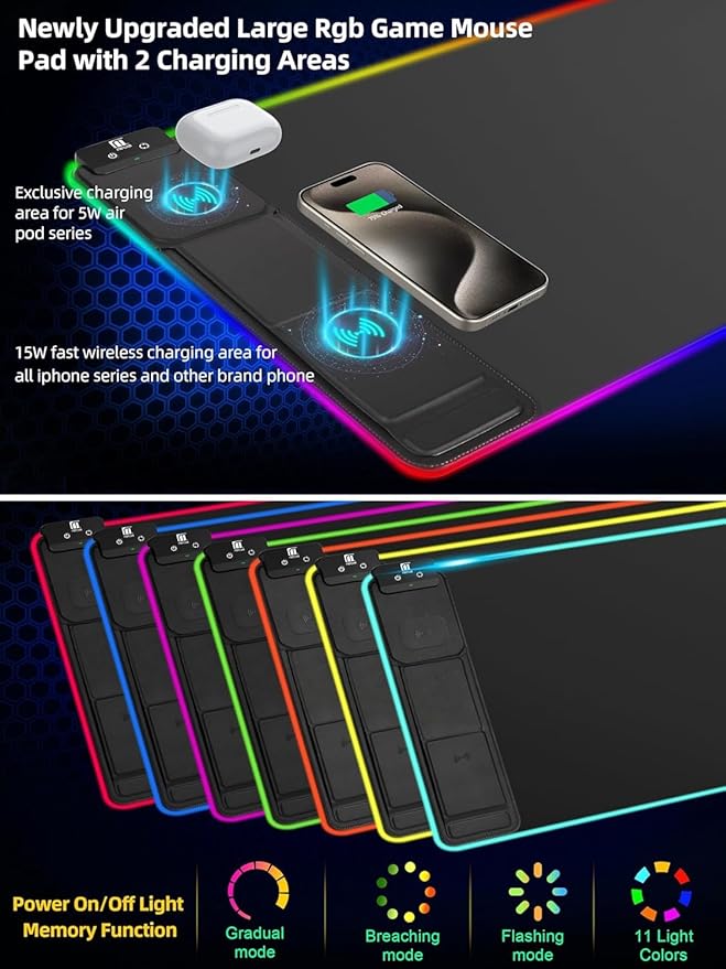 XXL Mouse Pad with Phone Holder - Black, RGB Desk Mat with 15W Fast Charging, LED Gaming Mousepad with 11 Light Colors, Waterproof Non-Slip Pad for Office & Home