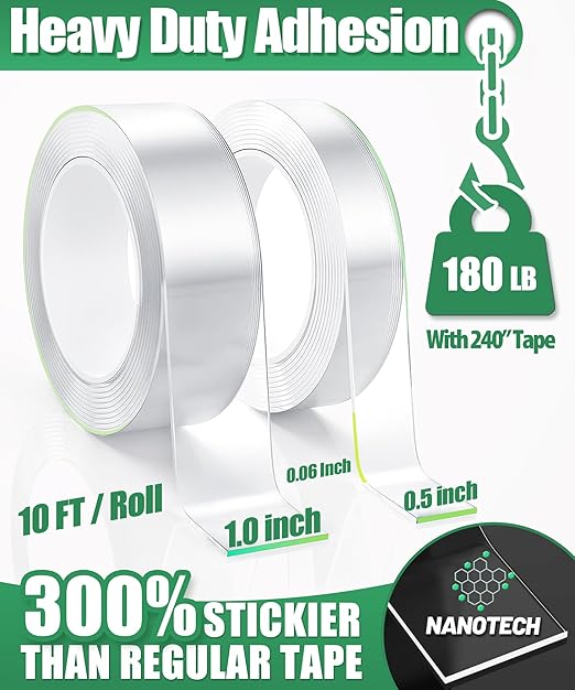 Extra Strong Double Sided Tape Heavy Duty - 240" x 1.0" & 0.5" - Removable Two Sided Nano Mounting Adhesive for Wall, Posters, Rug, Picture Hanging - Teacher, Dorm Room, Office & Outdoor Essentials