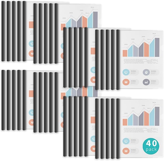 Binditek 40 Pack Heavyduty Clear Report Covers with Sliding Bars, 110 Sheet Capacity, Letter Size, 15mm Sliding Bar File Folder Binder, 8 Mil Thick, Black, for Students and Coworkers