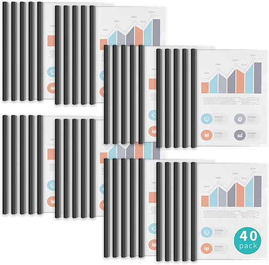 Binditek 40 Pack Heavyduty Clear Report Covers with Sliding Bars, 110 Sheet Capacity, Letter Size, 15mm Sliding Bar File Folder Binder, 8 Mil Thick, Black, for Students and Coworkers