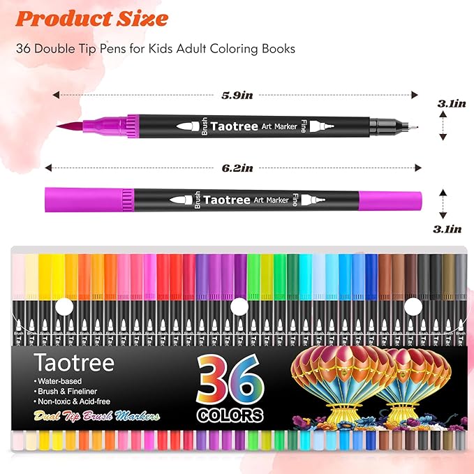 Taotree 36 Colors Dual Tip Art Markers Pens for Kids Adult Coloring Books, Artist Fine & Brush Tip Coloring Marker Drawing Pens for Journaling Note Taking Lettering Calligraphy Craft Art Supplies Set