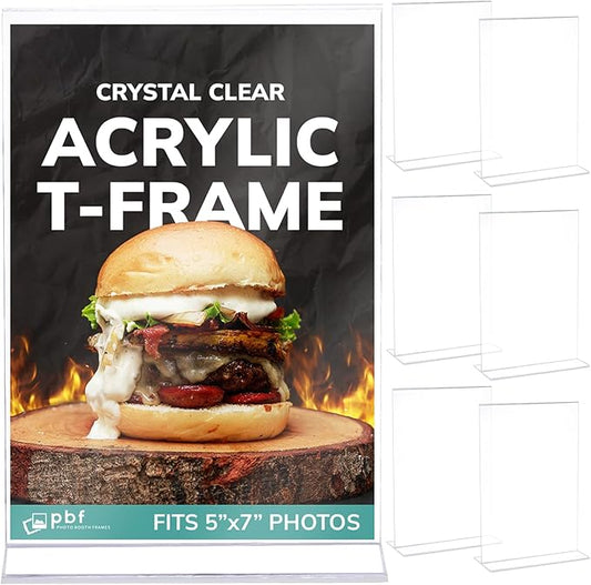 pbf 5x7 Acrylic Picture Frame Display Stand | 5 x 7 Vertical Clear Acrylic Sign Holder | T-Style Photo Frame for Table Sign, Tabletop Wedding Sign, Menu, QR Code (6-Pack)