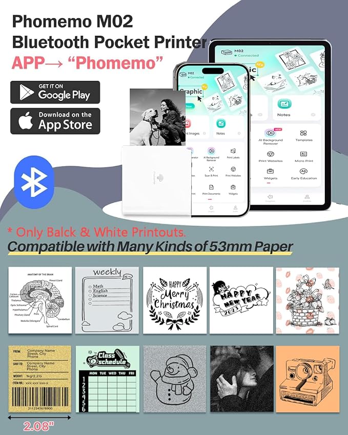 Phomemo Mini Sticker Printer- Mini Printer Sticker Maker Machine M02, Print Pods Suitable for Creative DIY, Diaries, Photos, Study Notes, Portable Thermal Inkless Label Maker for Home/Travel, White