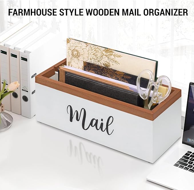 100% Real Wood Mail Organizer for Countertop, Dual-Sided Mail Script Design, Mail Holder for Office, Desk, Entryway Table, Rustic Farmhouse Style, Great Home Decor Gifts