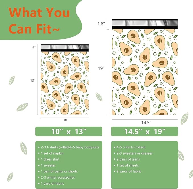 Poly Mailers 14.5x19 Inch 50 Pcs - Avocado printed Shipping Bags, 2.4mil Thickness, Waterproof and Tear Resistant Mailing Envelopes, Self-Sealing Packaging Bags for Small Business