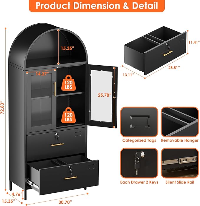 Tall Metal Arch Cabinet, Filing Cabinet for Home Office, Black Arched Bookcase with Locking Glass Doors and Drawers(Assemble Required)
