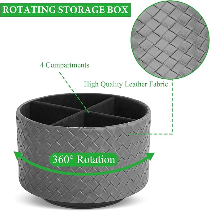 Hennaja Round Leather Art Supply Organizer,Remote Control Holder,360 Degree Spinning,Multi-Functional Pencil Holder,4 Compartments Desktop Stationary Organizer(1-Weave Grey)