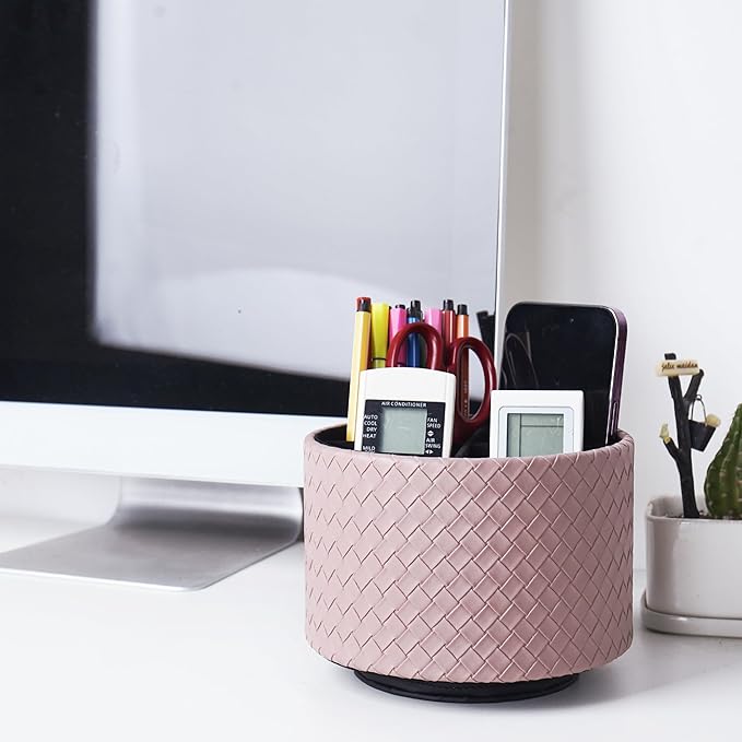 Hennaja Round Leather Art Supply Organizer,Remote Control Holder,360 Degree Spinning,Multi-Functional Pencil Holder,4 Compartments Desktop Stationary Organizer(1-Weave Purple)