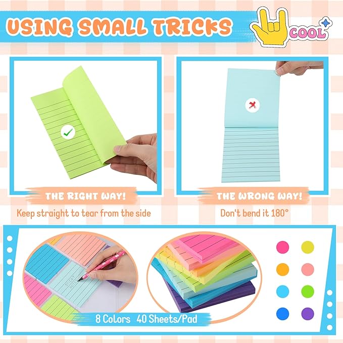 Leinuosen 64 Pack Lined Sticky Notes Self Stick Notes with Lines Bright Assorted Colors Sticky Pad for Home Office Products Post Memos, 2560 Sheets