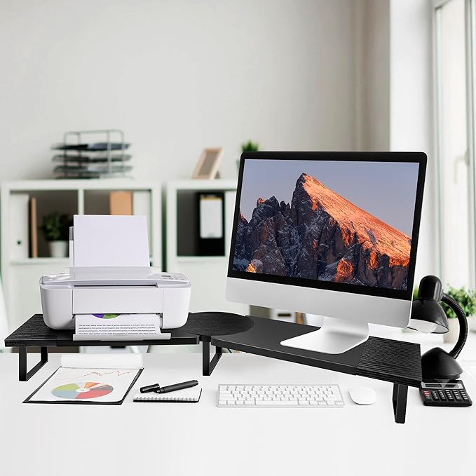 Dual-Monitor Stand for Desk - Large Adjustable Length and Angle Riser for 2 Monitors, Double Computer Desktop Organizer, Shelf for TV, Laptop, Printer