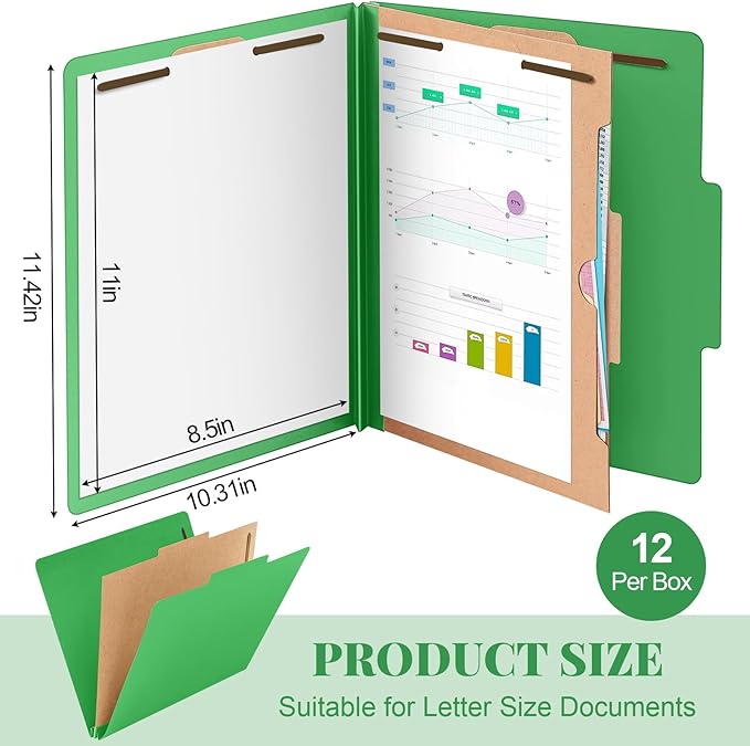 Skyygemm 12 Pack Classification File Folders Bulk with Divider and 2" Expansion, Pressboard Folder with 2 Prong Fasteners for Employee Records Medical Charts Office Document Organization(Green)