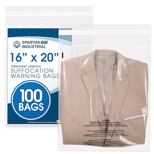 Spartan Industrial - 16" X 20" (100 Count) Self-Seal Clear Poly Bags With Suffocation Warning for Packaging, Blankets, Clothing - Permanent Adhesive
