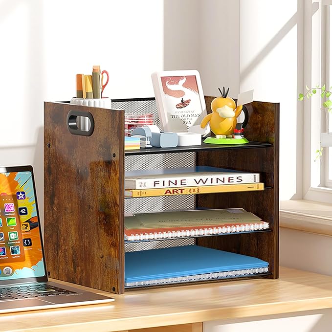 Wood Desk Organizer - 4-Tier Desktop File Organizer, Wooden Paper Organizer, Office Desk Organizer for Papers, Mail, Notebooks, Stationery