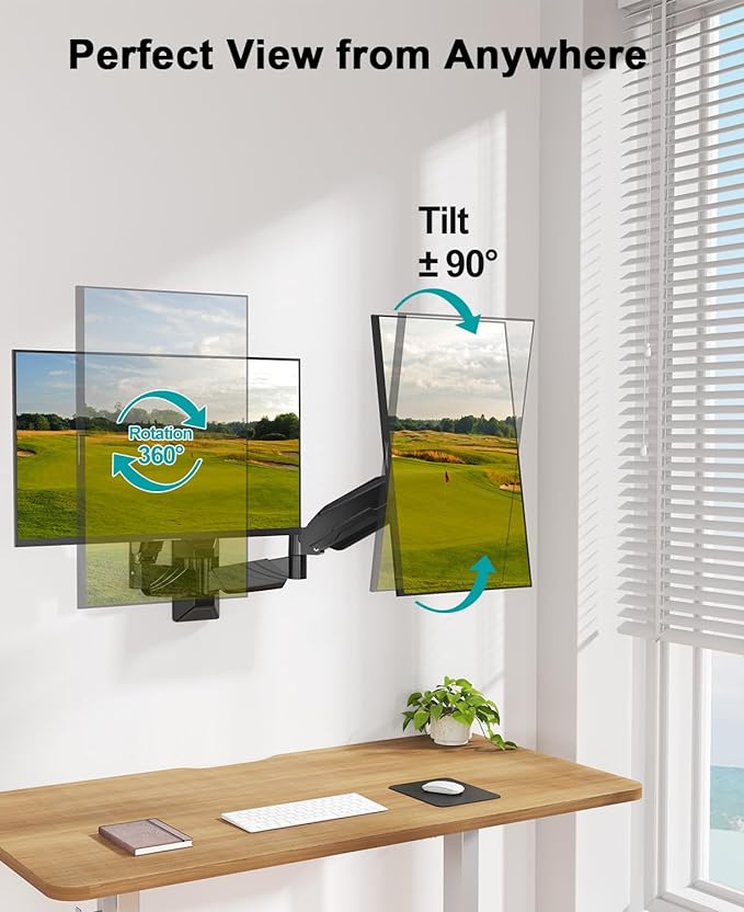 MOUNT PRO Dual Monitor Wall Mount for 2 Computer Screen up to 32 Inch, Gas Spring Double Monitor Arm Holds Up to 17.6lbs Each, Full Motion Adjustable Wall Monitor Mount, VESA Mount 75x75/100x100