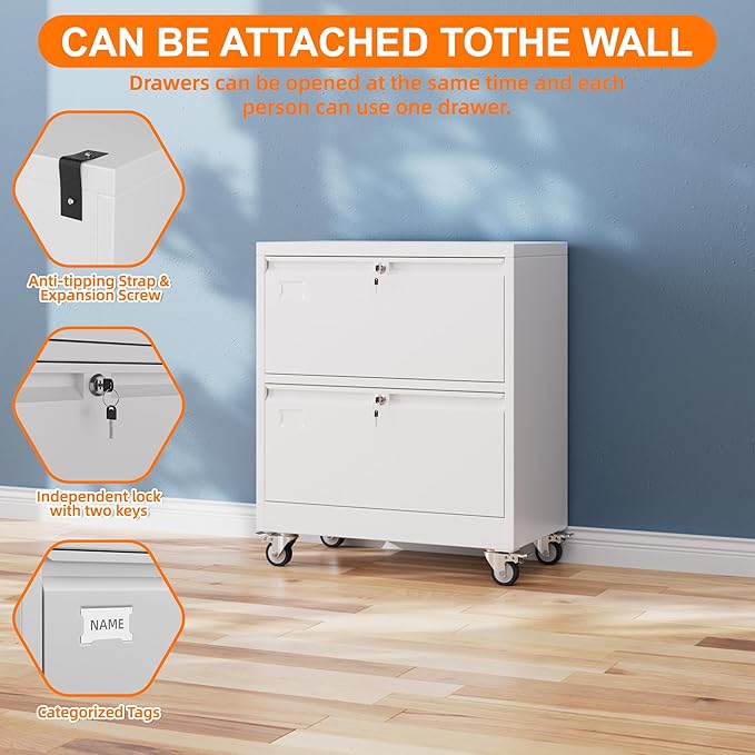 Aobabo Metal 2 Drawer Lateral File Mobile Cabinet with 2 Lock, File Cabinet with Wheels and Adjustable File Bars for Office,Home, for Letter/Legal Size,White, Assembly Required