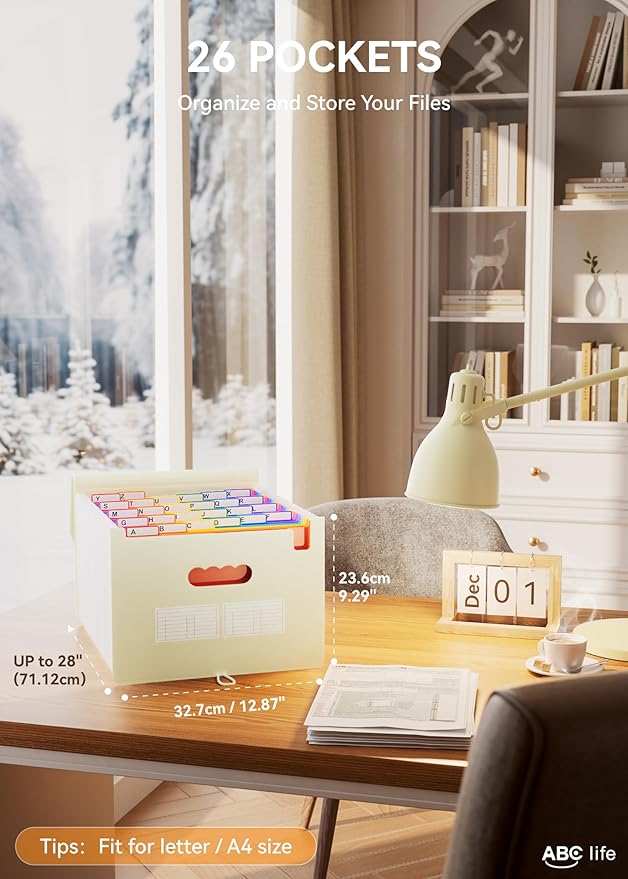 ABC life 26 Pockets Accordian File Organizer Expanding File Folders, Portable Letter A4 Size Filing Box,Plastic Monthly Receipt Document Organizer with Colored Tabs (Beige Color)