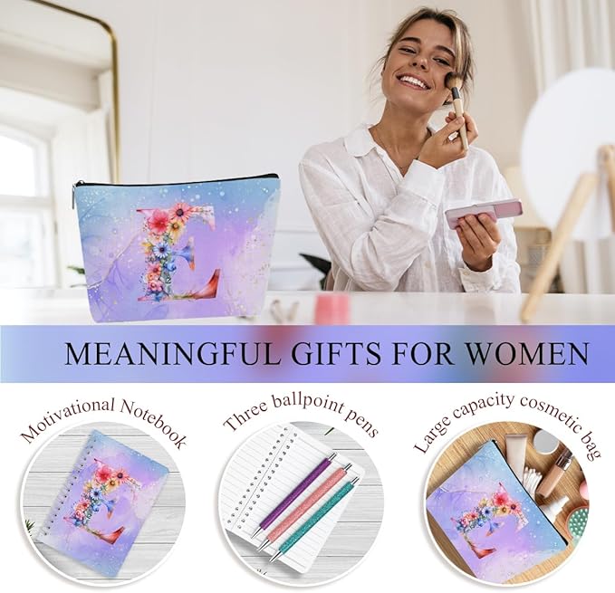 Personalized Gifts Monogrammed Birthday Gifts for Women, Daughter Bestie Friendship Christmas Initial 20 oz Tumbler, Makeup Bag Cup Ballpoint Pens Journal Notebook 6 Set, (Aesthetic Purple Flower E)