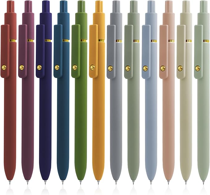 Gel Pens, 12 Pcs Black Ink Pens for Women, 0.5mm Fine Point Smooth Writing Pens, High-End Series Retractable Pens for Journaling Note Taking (12 Pcs Gold Morandi and Vintage)