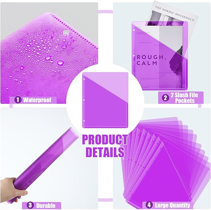 Seajan 100 Pcs Pocket Folders for 3 Ring Binder Clear Plastic Folders Sleeves with 2 Pockets 3 Hole Punch Binder Dividers Poly Slash File Jackets for Office School Document Organizer (Purple)