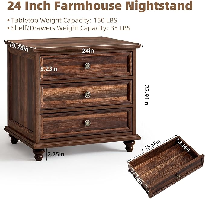 24" Wide Farmhouse Night Stand,Large End Table with 3 Drawers & Metal Handle,Wood Dresser for Bedroom Cabinet, Bed Side Table Chest of Drawers,Brown Nightstand for Living Room,Close
