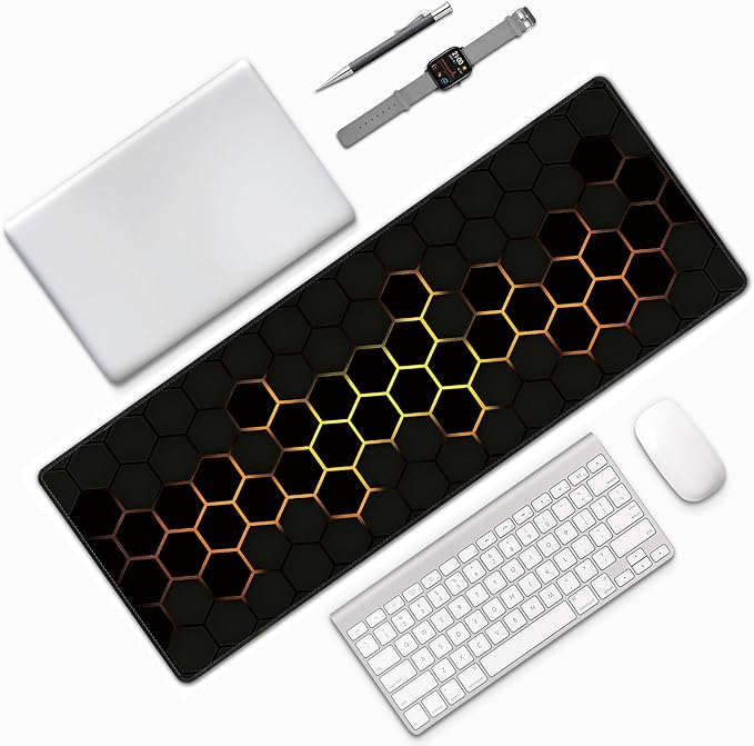 Hexagon Honeycomb Golden Large Mouse Pad, Gaming Desk Mat, XL Extended Keyboard Desk Pad, 31.5"x11.8" Non-Slip Rubber Base Big Mousepad with Stitched Edges for Home and Office